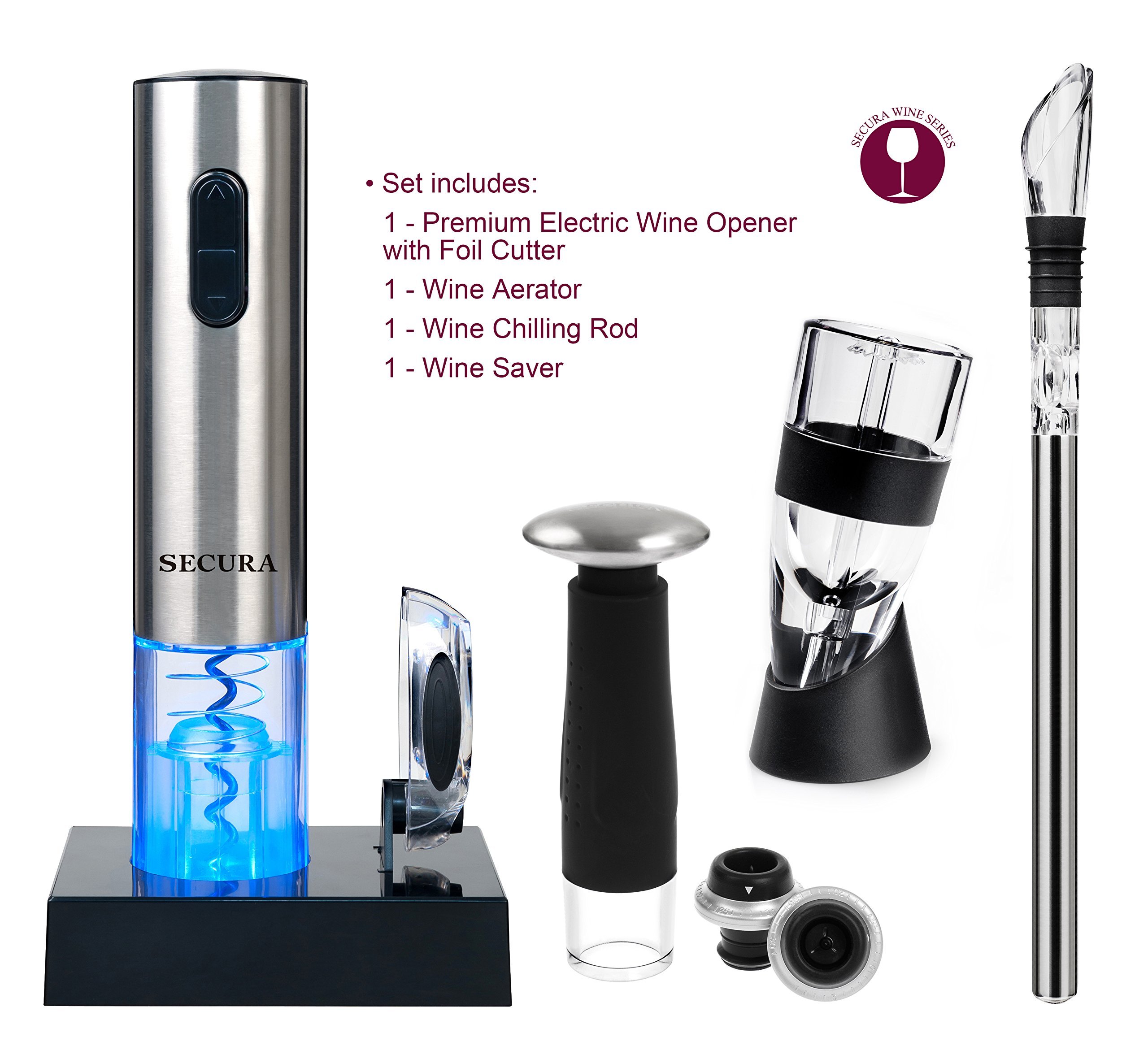 Secura 12-Piece Wine Accessories Set Electric Wine Opener, Wine Foil Cutter, Wine Aerator, Wine Saver Vacuum Pump and 2 Wine Stoppers