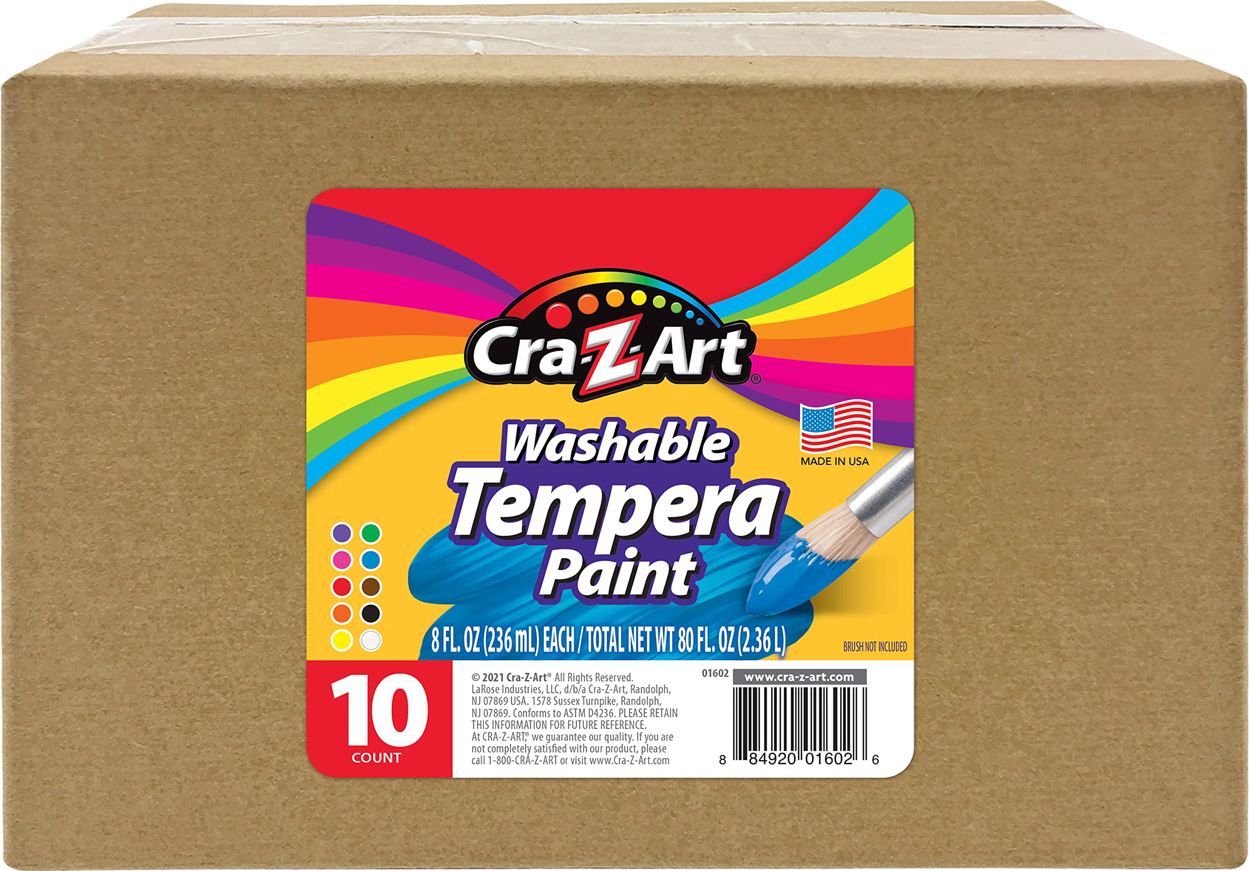 Cra-Z-Art Washable Tempera Paint Bulk Pack 10ct, Assorted Colors 8oz each bottle