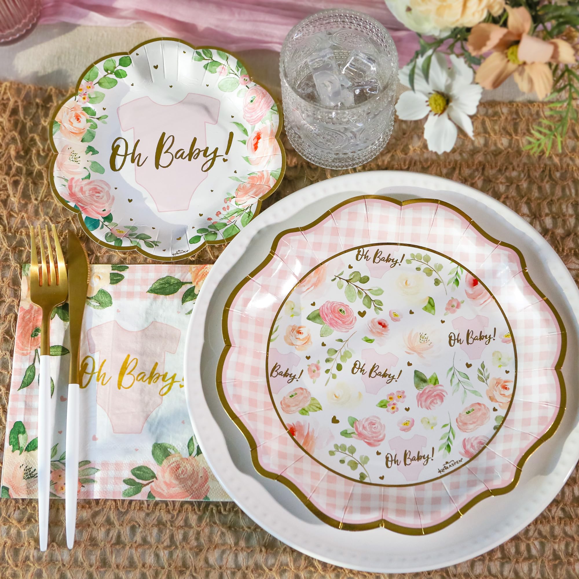 Kate Aspen Baby Shower Onesie Pink Floral & Gingham Tableware Set - 62pc. 16pcs 7 inch & 16pcs 9 inch Heavy Duty Disposable Party Plates, 30pcs 6.5 inch Durable Paper Napkins