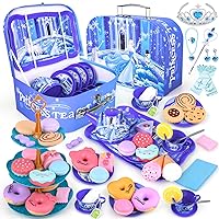 Tea Set for Little Girls,Kids Pretend Toy Tin Tea Set and Carrying Case (Princess Tin Teapot Set)