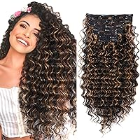 Deep Wave Clip In Hair Extension Human Hair Feeling Double Weft Hairpiece Synthetic For Women Thick Ombre Hair Extension Clips Natural Looking 24 Inch(P1B/27)