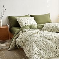 Wake In Cloud - Queen Size Comforter Set, 3-Piece, Floral Shabby Chic Coquette Botanical Flower Ivory Beige Forest Olive Green, Soft Lightweight Bedding for Women Girls