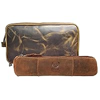 RUSTIC TOWN Leather Pencil Case & Toiletry Bag Combo - A Vintage Pencil Pouch & Cosmetic Makeup Bag Gift Combo for Men Women