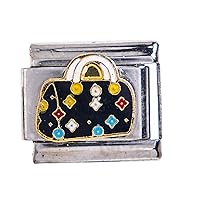 Italian Charm Bracelet Stainless Steel 9mm - Fashion Handbag - Black with Colorful ornaments