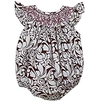 Carouselwear Baby Girls Bubble Romper with Pink Smocking Brown Damask Cotton