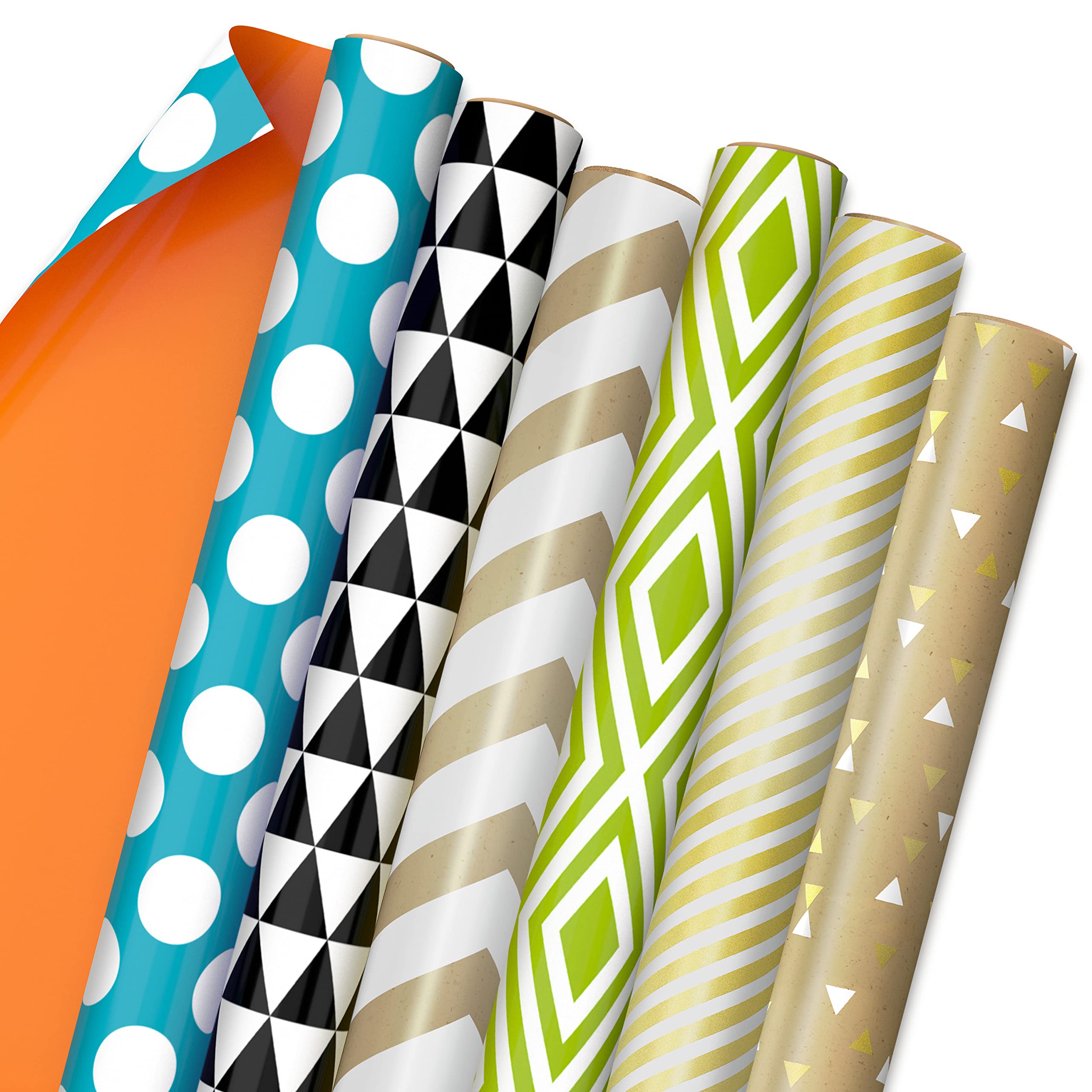 Hallmark Reversible Wrapping Paper Bundle (6 Rolls: 150 Square Feet Total) Stripes, Chevron, Solid, Black & White, Gold, Green, Orange, Blue for Birthdays, Holidays, Any Occasion