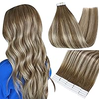 Fshine Tape In Hair Extensions Real Human Hair Double Sided 12 Inch Short Tape Ins Color 6 Chestnut Brown to 60 Platonum Blonde Ombre Balayage Tape in Extensions 20 Pcs 50g Straight Hair for Women