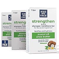 Kiss My Face Strengthen 2-in-1 Shampoo and Conditioner Bar, With Monoi Oil and Shea Butter, Fortifies and Hydrates, For Dry and Damaged Hair, Cruelty Free and Palm Oil Free, Pack of 3
