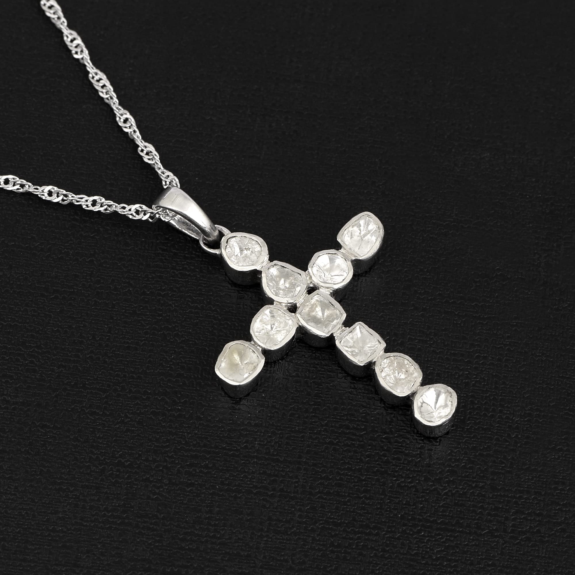 MOONEYE Natural Diamond Polki Religious Christian Cross Pendant Necklace 925 Sterling Silver Platinum Plated Slice Diamond Jewelry