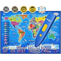 Bilingual Interactive World Map for Kids Learning and Educational Toys, Talking Electronic Kids World Map i-Poster Geography Games Ages 3 to 12 Years Old, Custom Talking Birthday Gifts Card