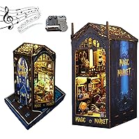 DIY Book Nook Kit,3D Bookshelf Insert Decor with Sensor Light & Music Movement, Wooden Decorative Bookend Stand Model Kits for Kids Teens Adults(Magic Market) (Size : with Music Movement)
