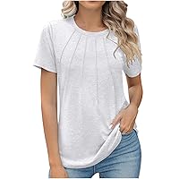 Womens Pleated Crewneck Tee Tops Summer Short Sleeve Casual Loose Fit T-Shirts 2024 Fashion Everyday Blouse Clothes