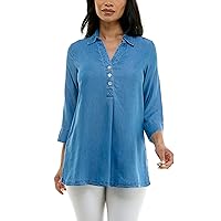 Zac & Rachel Women's Tencel Long Sleeve Tunic with Novelty Buttons and Side Slits