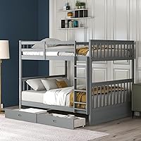 Classic Style Full Over Full Bunk Bed with Ladders and Two Storage Drawers for Kids Teens Adults