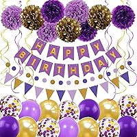 Purple Gold Birthday Decorations Party Supplies Include Happy Birthday Banner 14pcs Balloons 9pcs Pom Poms Flower 6pcs Hanging Swirls 1pcs Circle Dots Banner 1pcs Triangle Pennant Great for Women