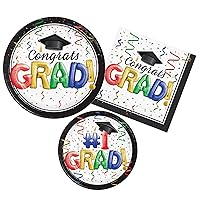 #1 Grad Graduation Party Supplies - Vibrant Design with Congrats GRAD! and #1 GRAD - Complete Tableware Set for 8 Guests!