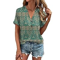 Winter Extra Long Classic Tunic Women Loungewear Short Sleeve with Buttons Printed Shirt Female V Neck Polyester Green Xl