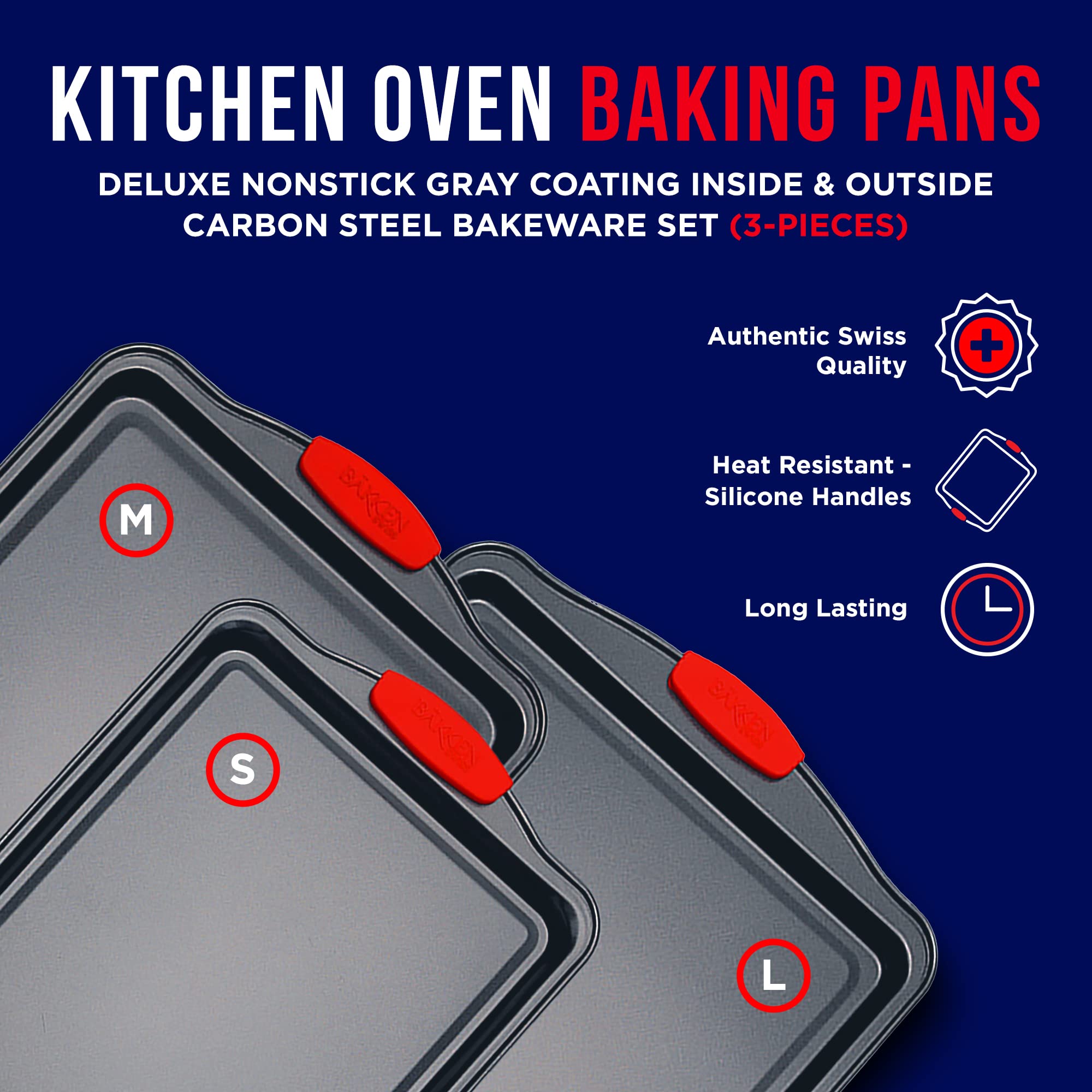 Baking Pan Set – 3 Piece Cookie Sheet – Deluxe Black Non-Stick Carbon Steel – Silicone Handles – Commercial Grade Restaurant Quality – PFOA PFOS and PTFE Free by Bakken