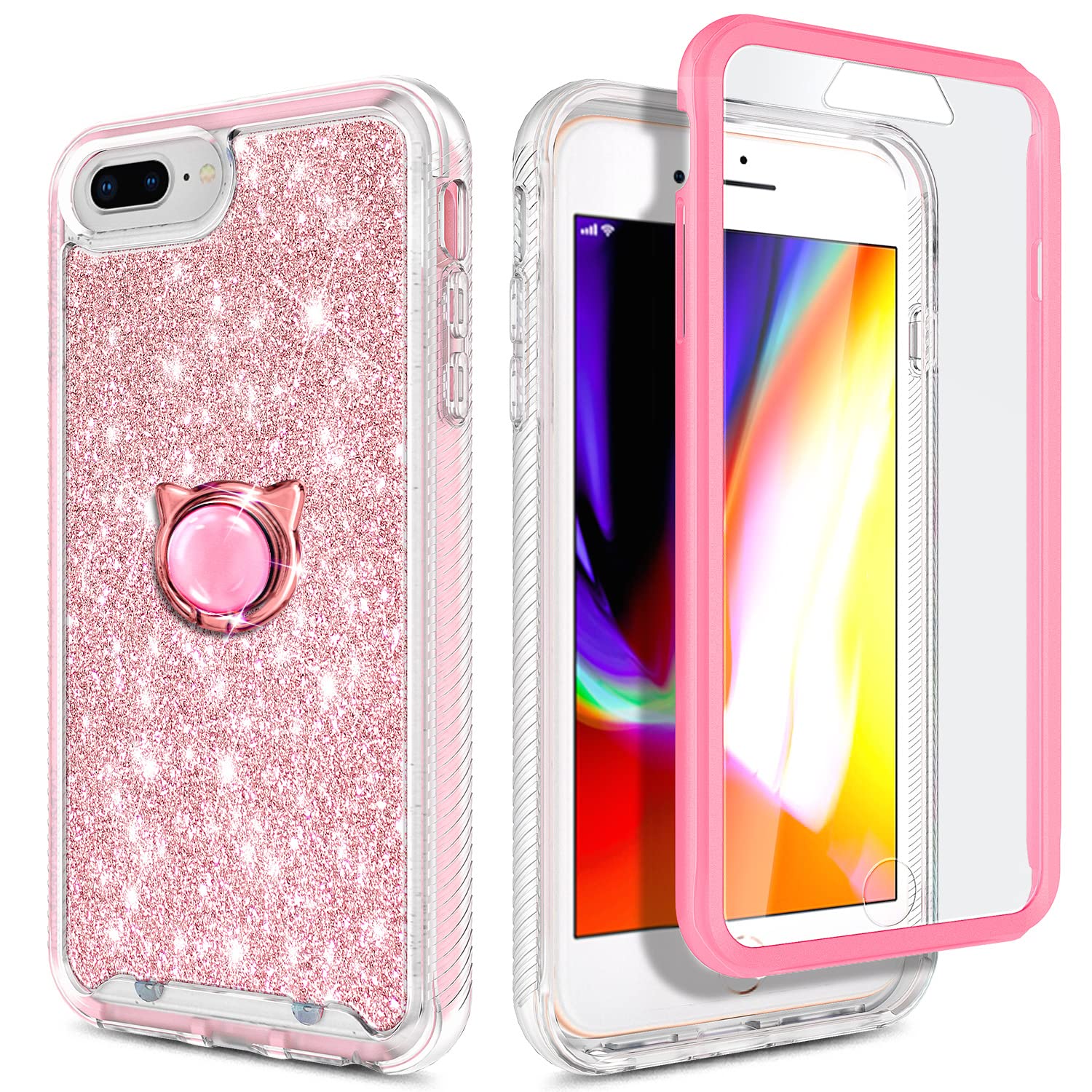 NGB Supremacy Case for iPhone 8 Plus, iPhone 7 Plus /6 Plus /6S Plus, Full Body Protection [Built-in Screen Protector] Ring Holder/Wrist Strap, Slim Fit Shockproof Bumper Case (Glitter Rose Gold)