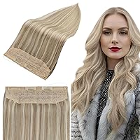 Full Shine Invisible Wire Hair Extensions Dirty Blonde with Light Blonde Wire Human Hair Extension 20 Inch Fish Line Hair Extensions Blonde Hair Extensions Headband Human Hair Extension for Women 80g