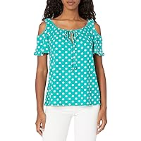 Star Vixen Women's Short Sleeve Stretch Ity Knit Cold-Shoulder Cutout Peasant Keyhole Tie-Front Top