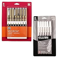 SAKURA Pigma Micron Fineliner Pens - Archival Black Ink Pens - Assorted Point Sizes - 8 Pack & Gelly Roll Gel Pens - Fine Point Ink Pen - Classic White Ink - Assorted Point Sizes - 6 Pack