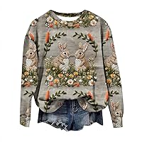 Womens Easter Shirts Fashion Cute 3D Bunny Embroidered Print Long Sleeve Crewneck Pullover Sweatshirts Tops