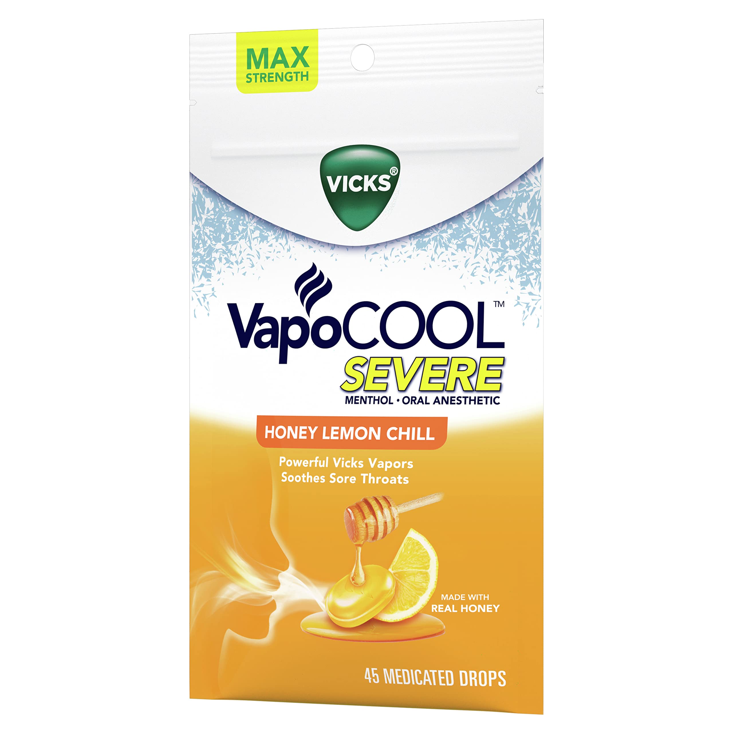 Vicks VapoCOOL Severe, Medicated Drops, Menthol Soothes Sore Throat Pain Caused by Cough, Honey Lemon Chill Flavor, 225 Drops (5 Packs of 45)