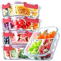 VERONES 5 Pack Glass Meal Prep Containers 3 Compartment Set, 36OZ Airtight Glass Lunch Containers, Glass Food Storage Containers with Lids, for Microwave, Oven, Freezer & Dishwasher Friendly,Red