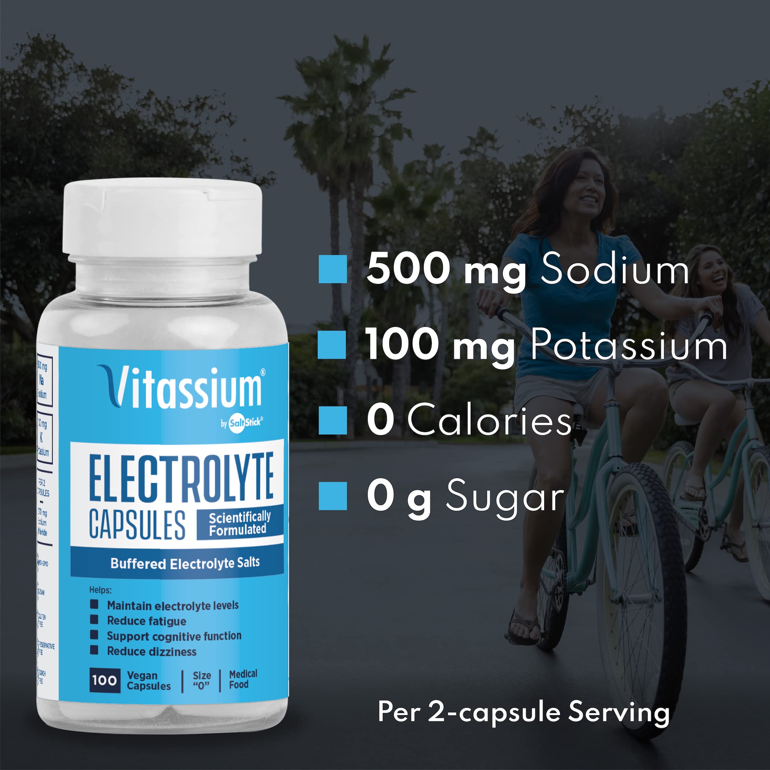 Vitassium Capsules - Daily Salt Pills for Dysautonomia Management (500mg Sodium & 100mg Potassium) - Non-GMO, Unsweetened Electrolytes, Vegan, Preservative & Allergen Free - 100 Capsules