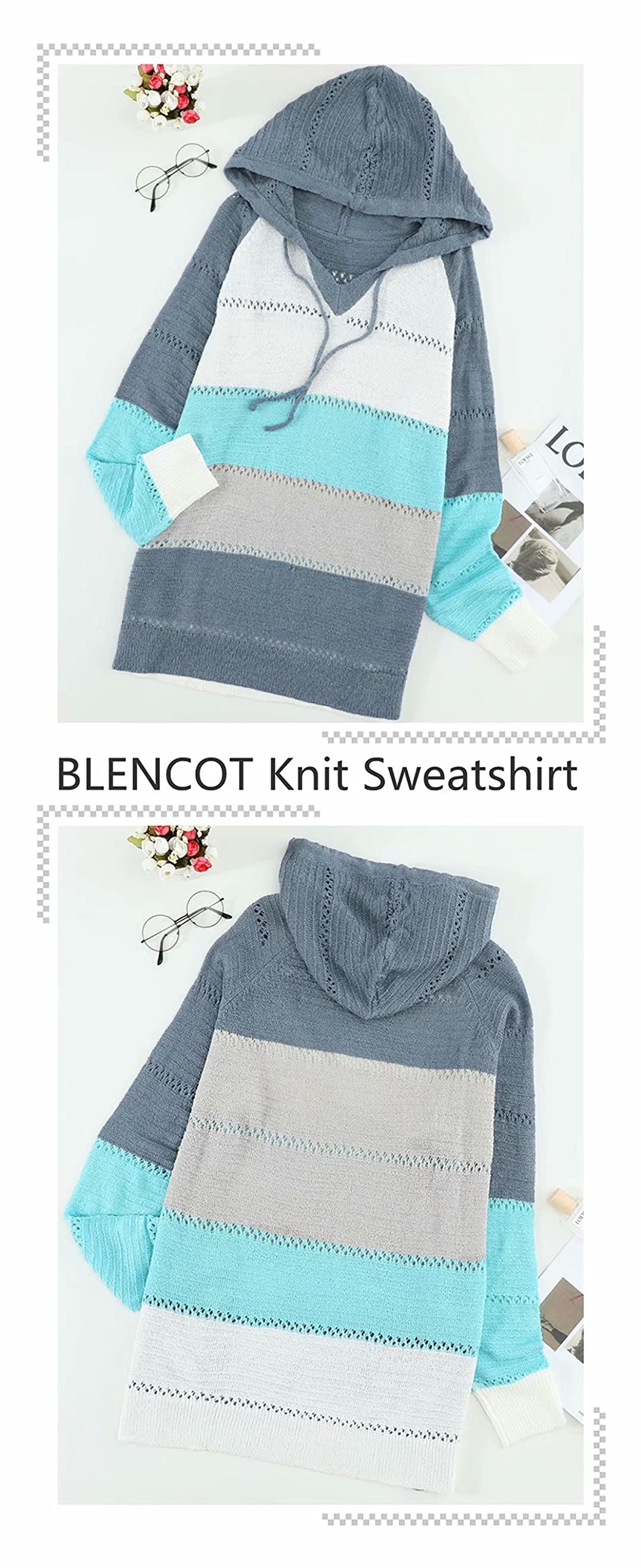 BLENCOT Women's Lightweight Color Block Hooded Sweaters Drawstring Hoodies Pullover Sweatshirts