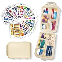 Pill Organizer with Medicine Labels 161 Labels Travel Daily Pill Container Mini Medication Organizer Storage Pill Organizer Travel Essentials Pill Case 7 Day Pill Organizer (Beige, 1 Pack)