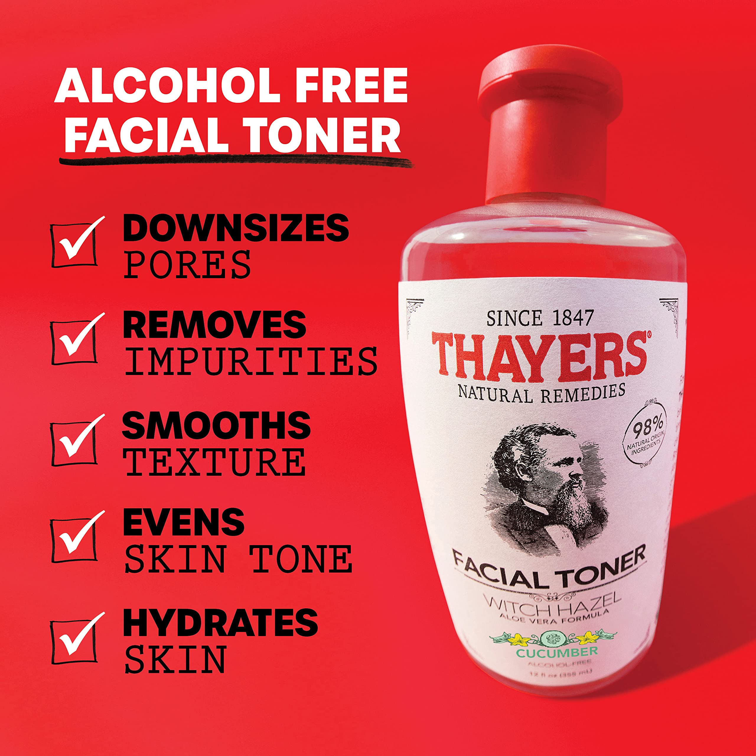 THAYERS Alcohol-Free, Hydrating Cucumber Witch Hazel Facial Toner with Aloe Vera Formula, 12 oz