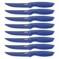 NutriChef 8 Piece Kitchen Knife Set - Multi-purpose Unbreakable Ergonomic Non-stick Stainless Steel Kitchen Steak Knives Set with Fully Serrated Blades - Great for BBQ Grill - NCSK8BU,Blue