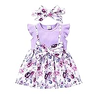 PATPAT Baby Girl Dresses Infant Short Sleeves Summer Dress Toddler Bow Front Floral Print Dress & Headband 2pcs Set