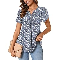 BISHUIGE Womens Casual Summer Top V Neck Loose Tunic Button Ruffle Sleeve Pleated Blouses