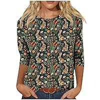 Easter Tops for Women Cute 3D Print Tshirt Plus Size 3/4 Sleeve Crewneck Blouse Funny Bunny Floral Graphic Tee Ladies Outfits