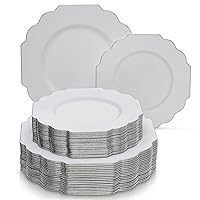 Silver Spoons Party Disposable 40 PC Set Dinner Side Plates | Heavyweight Plastic Dishes | Elegant Fine China Look | for Upscale Wedding and Dining-Baroque, 20 Servings, White