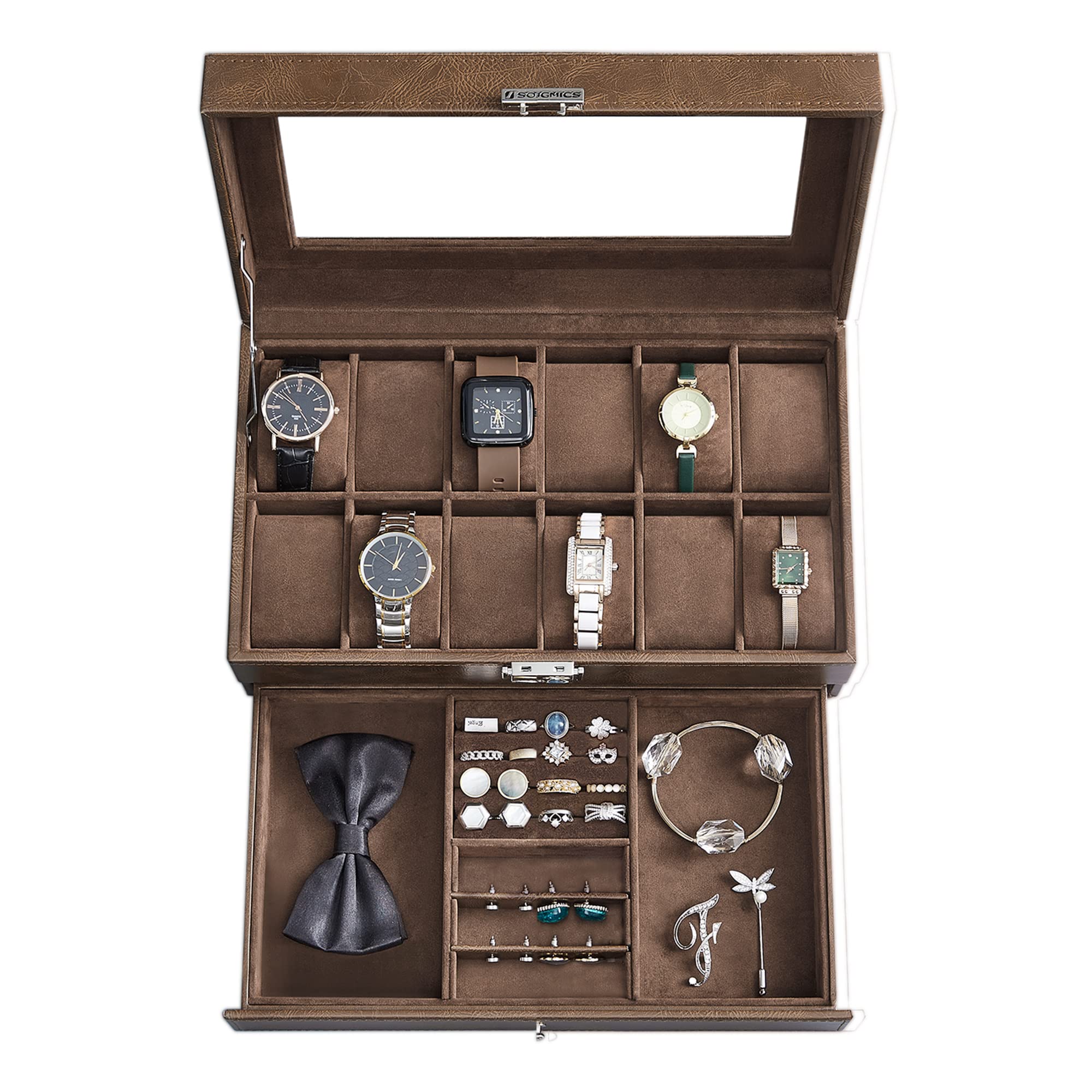 SONGMICS 12-Slot Watch Box, Lockable Watch Case with Glass Lid, 2 Layers, with 1 Drawer for Rings, Bracelets, Gift Idea, Brown Synthetic Leather, Brown Lining UJWB012K01