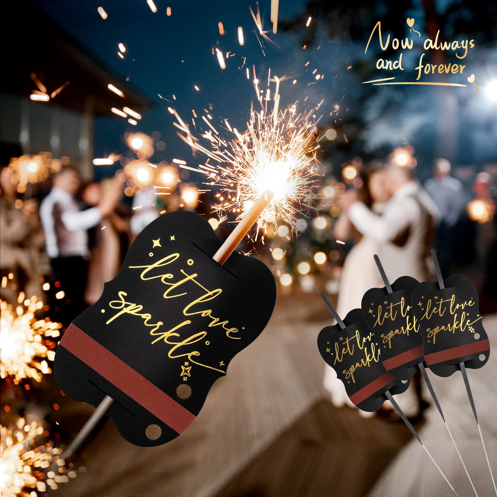 100 PCS Wedding Send Off Sparkler Tags, “Let Love Sparkle” Gold Foil Stamped Metallic Sparkler Sleeves with Match Striker Strips for Anniversary Parties Graduation Birthday Engagement Event