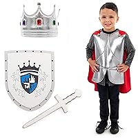 Little Adventures Knight King Costume with Silver King Crown and Toy Foam Sword and Shield Set Bundle (Size Medium Age 3-5)