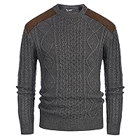 PJ PAUL JONES Men's Military Pullover Sweater Crewneck Vintage Cable Knit Sweater with Suede Patchwork