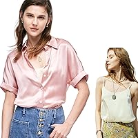Women's Pure Silk Short Sleeve Pink Button Down Shirts and Womens White Silk Camisole, Solid Blouse and Casual Elegant Shirt for Business Outfits Fashion Tops for Summer Fall Work Beach,L