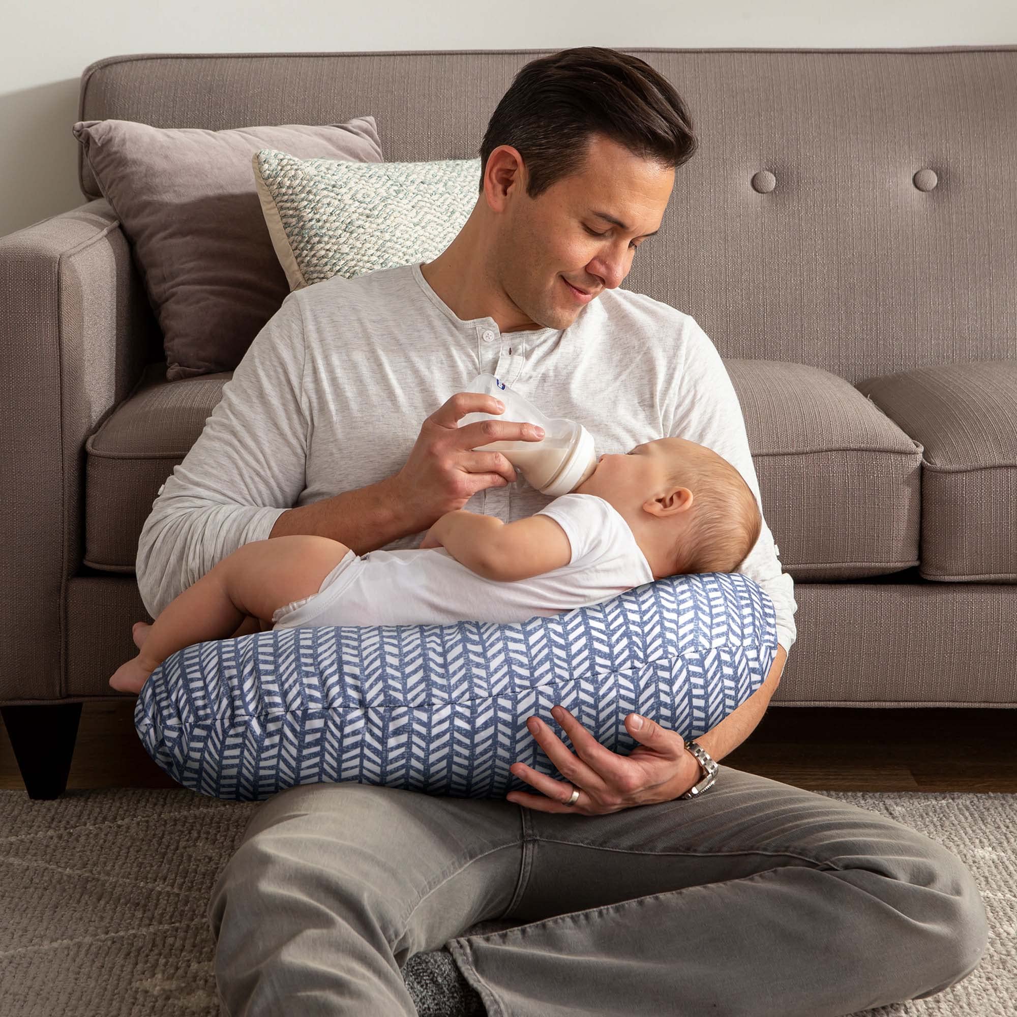Boppy Original Support Nursing Pillow, Blue Herringbone, Ergonomic Breastfeeding, Bottle Feeding, and Bonding, with Hypoallergenic Fiber Fill, with Removable Cover, Machine Washable