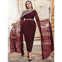 Plus Women's Dress Plus Geo Embroidery Asymmetrical Neck Cloak Sleeve Belted Formal Dress (Color : Burgundy, Size : 5X-Large)