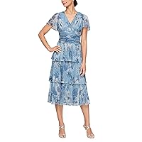 S.L. Fashions Women's Short Sleeve Tea Length V-Neck Tier Dress with Ruched Waist