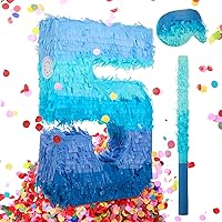 Number 5 Pinata with Stick Blindfold Confetti, Gradient Blue Pinata for Kids 5th Birthday Party Large Blue Pinata for Boys Girls Birthday Anniversary Celebration Decoration Supplies (Number 5)