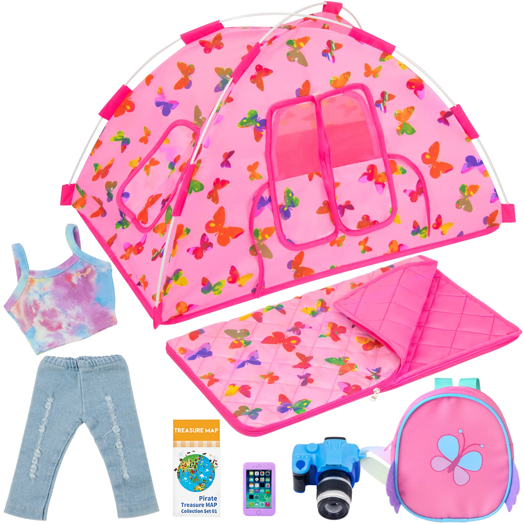 UNICORN ELEMENT 7 Items Doll Camping Tent Set for18 Inch Girl Doll Accessories - Including 18 Inch Doll Clothes, Tent, Sleeping Bag, Backpack, Camera, Phone and Map