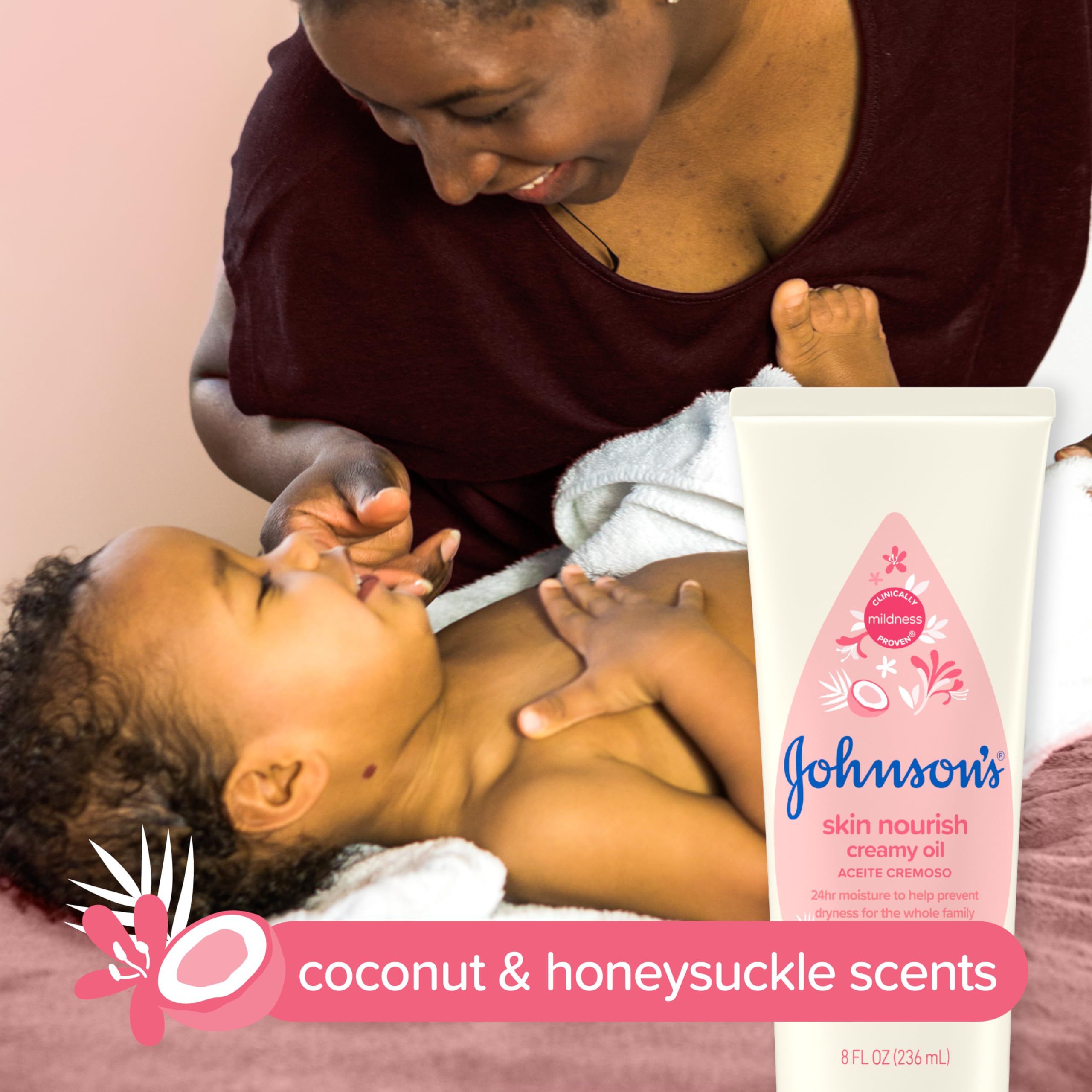 Johnson's Skin Nourish Creamy Baby Oil for Dry Skin with Coconut & Honeysuckle Scent, Rich & Creamy Baby Body Oil Moisturizes for 24 Hours & Helps Prevent Dryness, Hypoallergenic, 8 fl. Oz