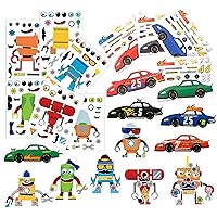 Make A Sticker Sheets (4.5 x 6.5 inches) - Great for Kid's Stocking Stuffers, Easter Basket Stuffers, Party Favors, Kid's Travel Activities (24 Sticker Sheets, 12 Robots & 12 Race Cars)